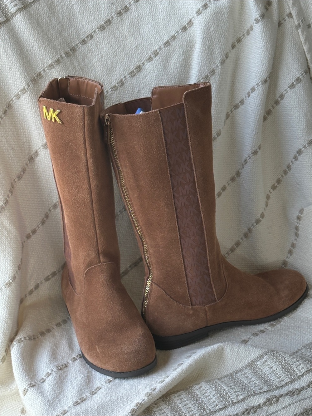 Michael Kors Chestnut Suede Mid-Calf Boots with Gold MK Accent